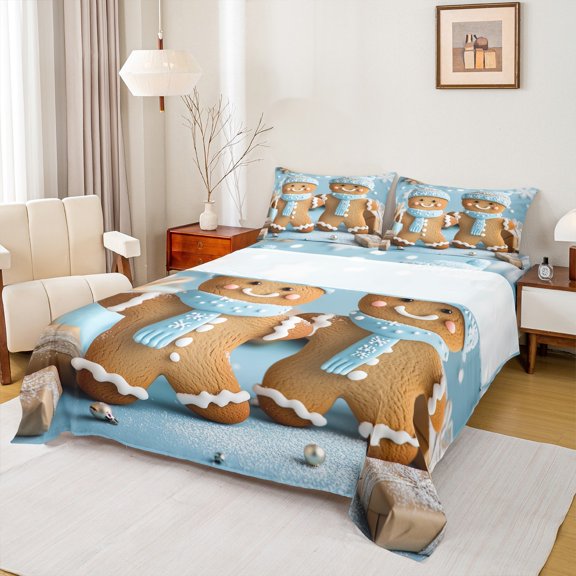 Manfei Kawaii Gingerbread Man Bed Sheets,Merry Christmas King Sheets,Blue Brown Sheet Set For Kids,Luxury Bedroom Decor,4 Pieces