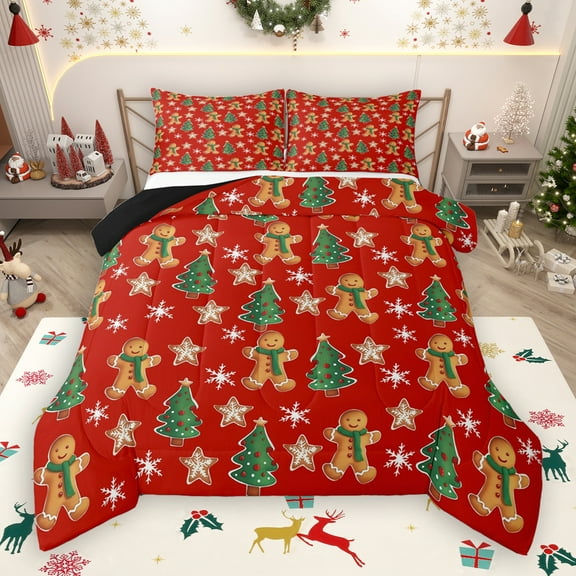 Manfei Kawaii Gingerbread Man Bedding Comforter Set,Green Christmas Tree Twin Comforter Sets,Red Brown Green Bedding Set For Girls Kids,Breathable Home Decor Reversible,2pcs