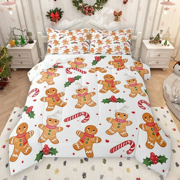Manfei Kawaii Gingerbread Man Bedding Comforter Set,Happy Christmas Twin Comforter Sets,Xmas Flowers Red Berry Bedding Set For Teens,Ultra Soft Home Decor Reversible,2 Pieces