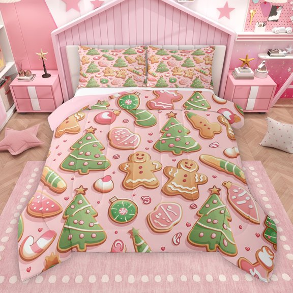 Manfei Kawaii Gingerbread Man Bedding Comforter Set, Pink Green Xmas Tree Twin Comforter Sets, Cute Christmas Donut Reversible Bedding Set, Lightweight Room Decor, 2pcs
