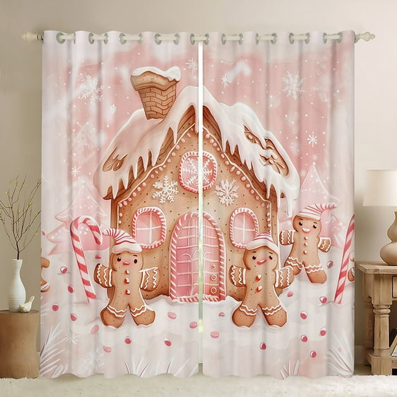 Manfei Kawaii Gingerbread Man Blackout Curtains Set of 2 (52x84 Each) for Kids, Merry Christmas Window Curtains, Girly Pink Cartoon Curtains and Drapes, Living Room Curtains Decor