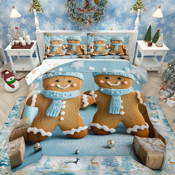 Manfei Kawaii Gingerbread Man Full Size Comforter Sets,Merry Christmas Bedding Comforter Set,Blue Brown Bedding Sets For Kids,Luxury Bedroom Decor Reversible,3pcs