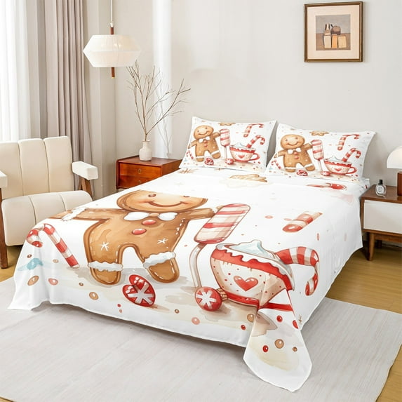 Manfei Kawaii Gingerbread Man Full Size Sheets,Xmas Dessert Bed Sheets,White Brown Red Sheet Sets For Girls Kids,Breathable Home Decor,4-Piece