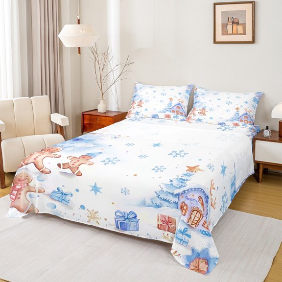 Manfei Kawaii Gingerbread Man Twin Sheet Sets,Blue Christmas Snowflake Twin Fitted Sheet,Cartoon Xmas Tree Flat Sheet For Girls Boys,Luxury Bedroom Decor,3-Piece