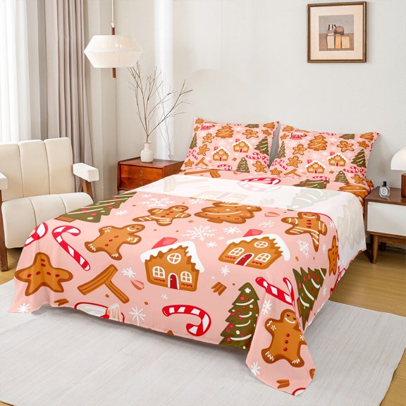Manfei Kawaii Gingerbread Man Twin Sheet Sets,Gchic Christmas Tree Twin Fitted Sheet,Pink Brown Red Flat Sheet For Girls Kids,Breathable Home Decor,3pcs