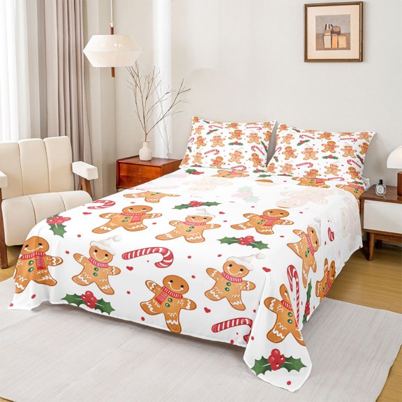 Manfei Kawaii Gingerbread Man Twin Sheet Sets,Happy Christmas Twin Fitted Sheet,Xmas Flowers Red Berry Flat Sheet For Teens,Ultra Soft Home Decor,3 Pieces
