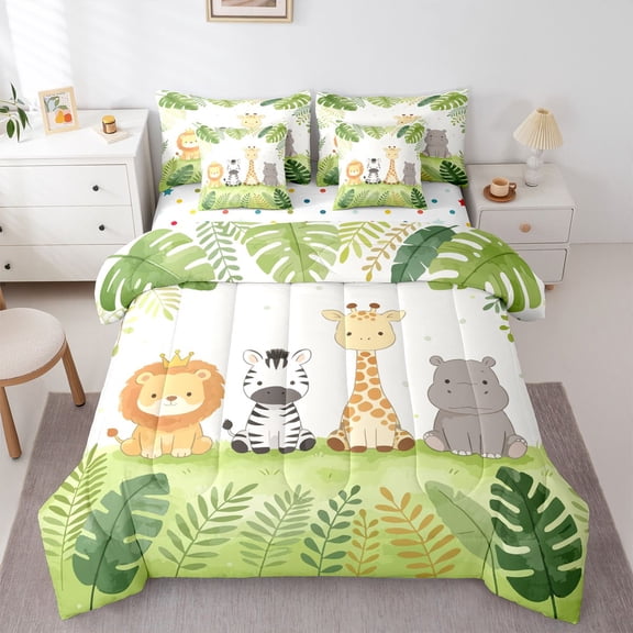 Manfei Kawaii Giraffe 7-Piece Twin Bedding,Cute Zebra Bedding Comforter Set,White,Polkadot Reversible