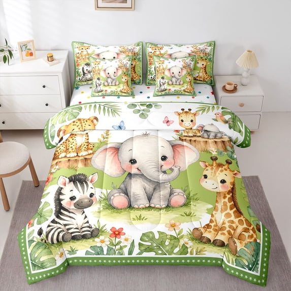 Manfei Kawaii Giraffe 7 Pieces Full Size Bedding Sets,Lovely Monkey Full Size Bed in a Bag,Green,Polkadot Reversible