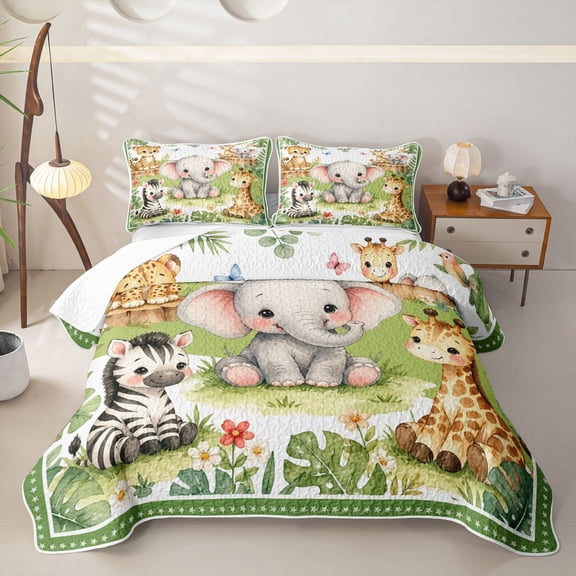 Manfei Kawaii Giraffe Bed Spread Queen,Lovely Monkey Queen Coverlet Set,Green,3 Pieces