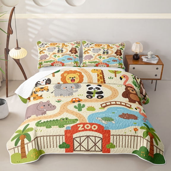 Manfei Kawaii Giraffe Quilt King,Jungle Theme Print King Coverlet Set,Beige,3pcs