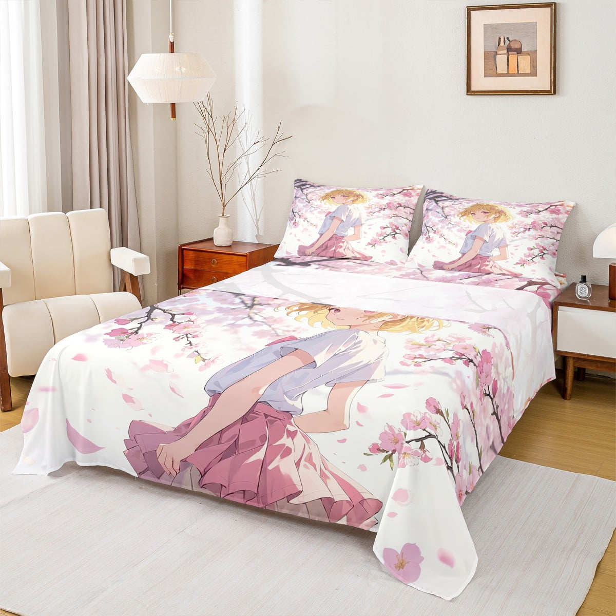 Manfei Kawaii Girl 4Piece Full Size Sheets,Pink Sakura Bed Sheets
