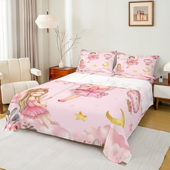 Manfei Kawaii Girl Full Size Sheets,Lovely Elf Princess Bed Sheets,Yellow Moon Stars Sheet Sets For Teens,Ultra Soft Home Decor,4-Piece