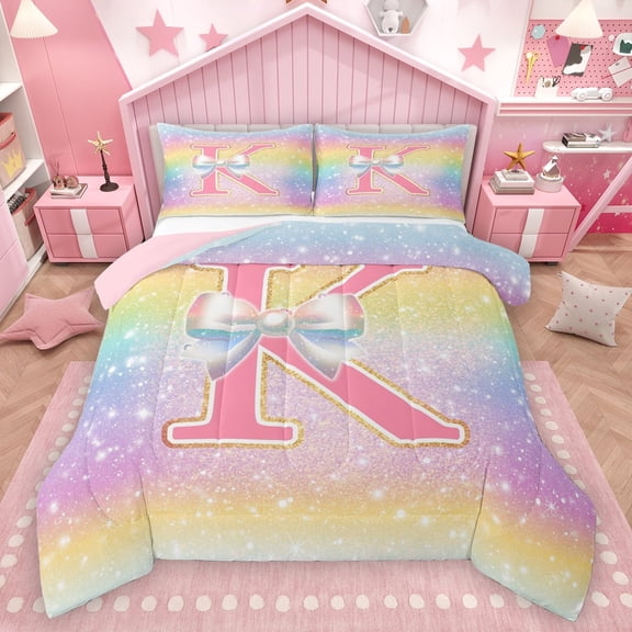 Homewish Kawaii Girls Letter K Bedding Comforter Set for Kid, Cartoon Monogrammed Twin Comforter Sets, Bling Stars Rainbow Reversible Bedding Set, Lightweight Room Decor, 2pcs