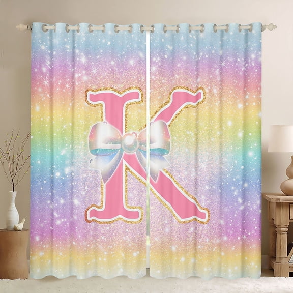 Homewish Kawaii Girls Letter K Black Out Curtains for Kid, Cartoon Monogrammed Curtains Pack of 2 (42x63 Each), Bling Stars Rainbow Bedroom Curtains, Window Curtains Room Decor
