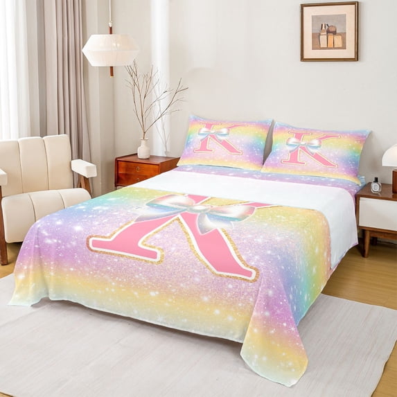 Homewish Kawaii Girls Letter K Queen Sheet Sets for Kid, Cartoon Monogrammed Flat Sheet, Bling Stars Rainbow Queen Fitted Sheet, Lightweight Room Decor, 4pcs