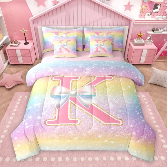 Homewish Kawaii Girls Letter K Twin Bedding Sets 7-Piece for Kid, Cartoon Monogrammed Bedding Comforter Set, Bling Stars Rainbow Reversible Sheet Sets, Lightweight Room Decor