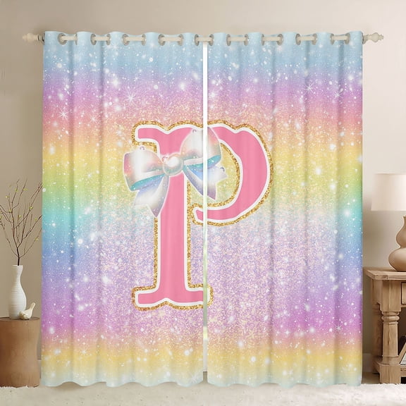Manfei Kawaii Girls Letter P Black Out Curtains for Kid, Cartoon Monogrammed Curtains Pack of 2 (42x63 Each), Bling Stars Rainbow Bedroom Curtains, Blackout Curtains Room Decor