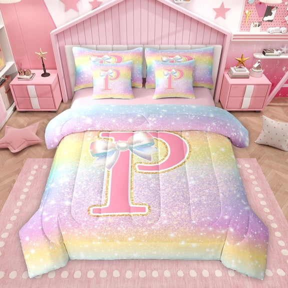Homewish Kawaii Girls Letter P Twin Bedding Sets 7-Piece for Kid, Cartoon Monogrammed Bedding Comforter Set, Bling Stars Rainbow Reversible Sheet Sets, Super Cozy Room Decor