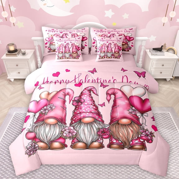 Manfei Kawaii Gnome 7-Piece Twin Bedding Sets,Happy Valentine'S Day Bedding Comforter Set,Pink Loves Pattern Sheet Sets For Girls,Luxury Bedroom Decor Reversible