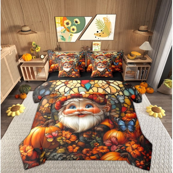 Manfei Kawaii Gnome Bed in a Bag Twin size, Fall Pumpkin Bedding Sets Twin Size, Happy Harvest Reversible Bedding Twin Size, Ultra Soft Room Decorative, 7 Pieces