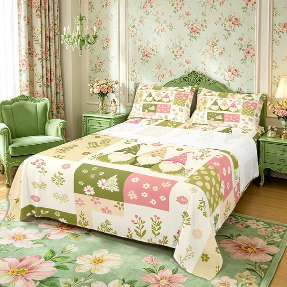 Manfei Kawaii Gnome Bed Sheets 4-Piece,Floral Plaid Full Size Sheets,1 Flat Sheet,1 Fitted Sheet and 2 Pillowcases