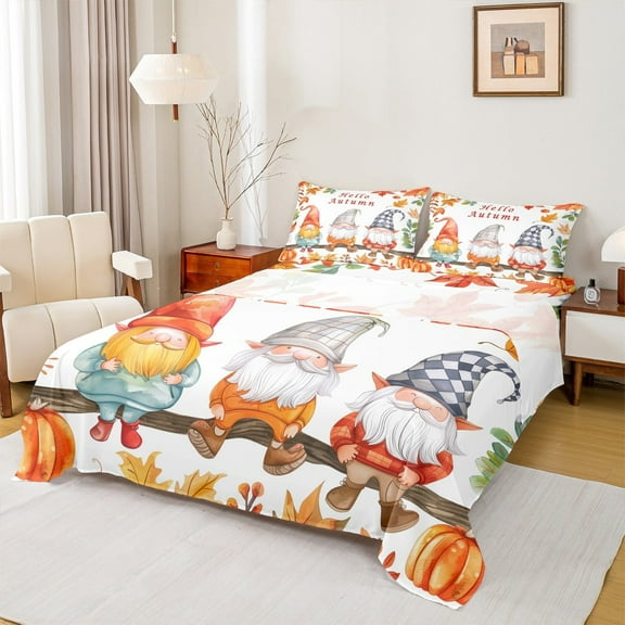 Manfei Kawaii Gnome Bed Sheets,Halloween Pumpkin King Sheets,Sutumn Fall Leaves Sheet Set For Girls Boys,Ultra Soft Bedroom Decorative,4pcs