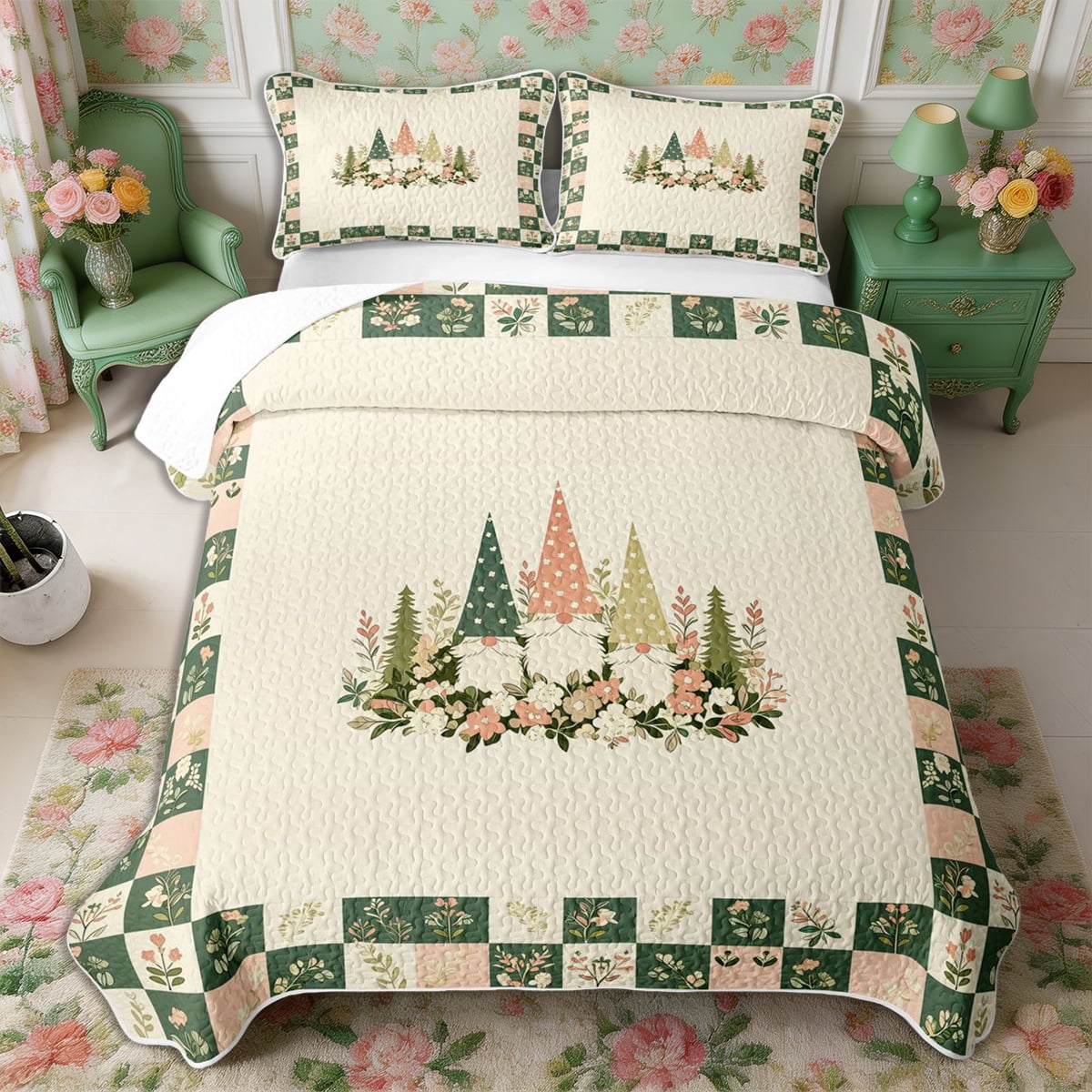 Spring Quilt Set Manfei Kawaii Gnome Bed Spread Queen 3pcs,Spring Garden Queen Coverlet ...