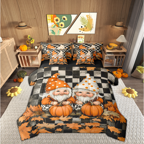Manfei Kawaii Gnome Bedding Sets King Size, Pumpkin Harvest Bed in a Bag King size, Autumn Maple Leaf Reversible Comforter Sets with Sheets, Breathable Room Decor, 7 Pieces