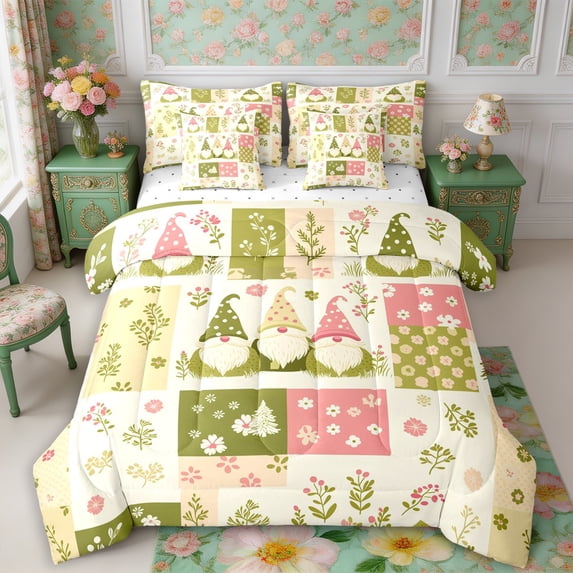 Manfei Kawaii Gnome King Bedding 7pcs,Floral Plaid King Bed in a Bag,Reversible