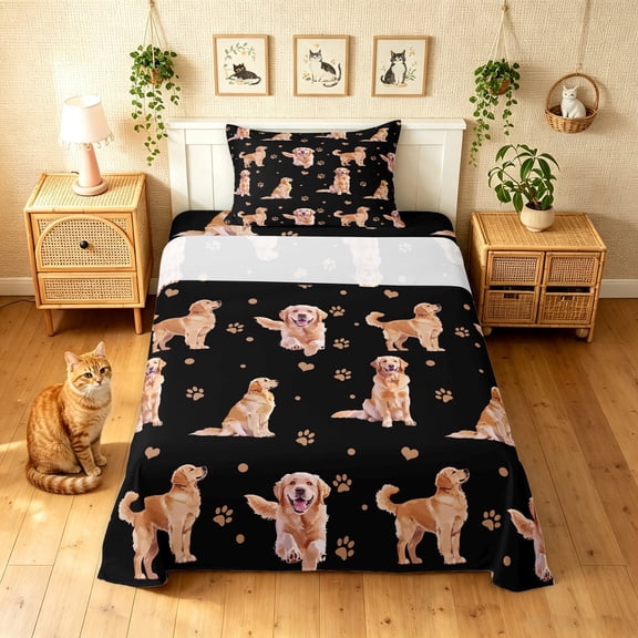 Manfei Kawaii Golden Retriever Twin Sheets, Cute Dog Lover Bedding, Black Gold, 3-Piece, 1 Flat Sheet, 1 Fitted Sheet and 1 Pillowcase