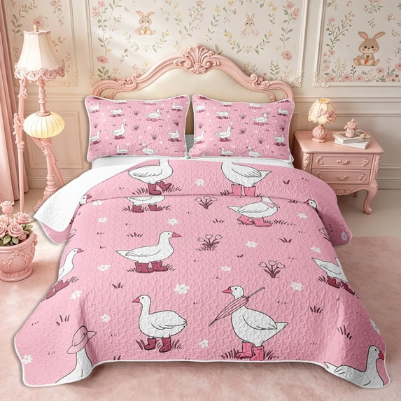 Manfei Kawaii Goose Quilt King 3 Pieces,Cute Flowers Animal King Coverlet Set,1 Bedspread and 2 Pillowcases