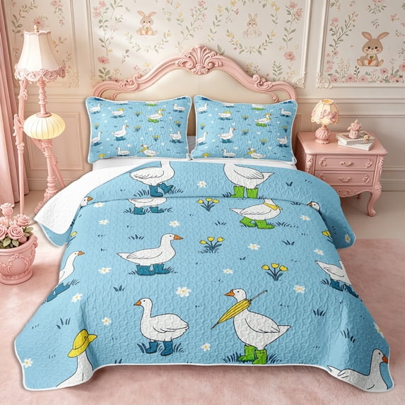 Manfei Kawaii Goose Twin Quilt Set 2 Pieces,Cute Flowers Animal Twin Coverlet Set,1 Bedspread and 1 Pillowcase