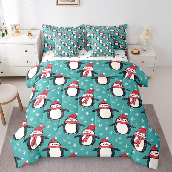 Manfei Kawaii Graffiti Penguin 7pcs Bedding Comforter Set,Wild Animal Queen Bedding Sets,Cyan White Black Queen Sheet Sets For Teens,Ultra Soft Home Decor Reversible