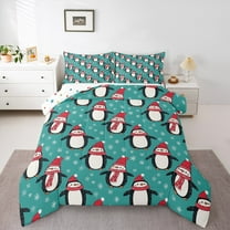 Manfei Kawaii Graffiti Penguin Bedding Comforter Set,Wild Animal Twin Comforter Sets,Cyan White Black Bedding Set For Teens,Ultra Soft Home Decor Reversible,2-Piece