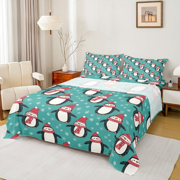 Manfei Kawaii Graffiti Penguin Full Size Sheets,Wild Animal Bed Sheets,Cyan White Black Sheet Sets For Teens,Ultra Soft Home Decor,4 Pieces