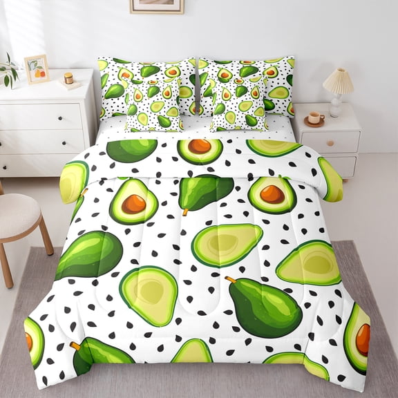 Manfei Kawaii Green Avocado Bedding Comforter Set 7pcs, Cartoon Fruit Print Queen Bedding Sets, Teens Kids Child Queen Sheet Sets, Luxury Bedroom Decor