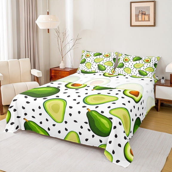 Manfei Kawaii Green Avocado Full Size Sheets, Cartoon Fruit Print Bed Sheets, Teens Kids Child Sheet Sets, Luxury Bedroom Decor, 4 Pieces