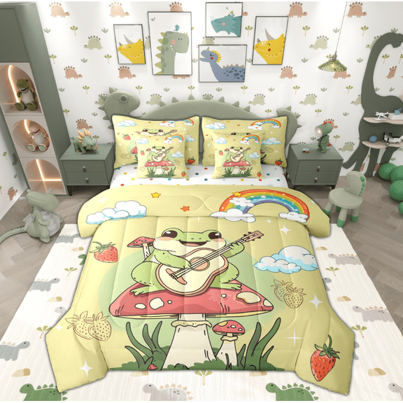 Manfei Kawaii Green Frog Prince Bedding Comforter Set 7pcs, Mushroom Rainbow Cartoon King Bedding Sets, Teens Boys Girls Kids Reversible Bed Sheets, Ultra Soft Home Decor