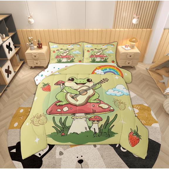 Manfei Kawaii Green Frog Prince Bedding Comforter Set, Mushroom Rainbow Cartoon Twin Comforter Sets, Teens Boys Girls Kids Reversible Bedding Set, Ultra Soft Home Decor, 2 Pieces