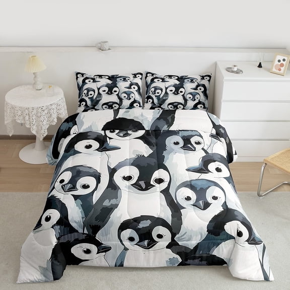 Manfei Kawaii Grey Penguin Bedding Comforter Set for Kid, Antarctic Wildlife Twin Comforter Sets, Cute Cartoon Animal Bedding Set, Super Cozy Room Decor, 2-Piece