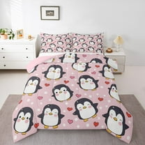 Manfei Kawaii Grey Penguin Bedding Comforter Set for Kid, Antarctic Wildlife Twin Comforter Sets, Girly Pink Cartoon Reversible Bedding Set, Luxury Bedroom Decor, 2 Pieces
