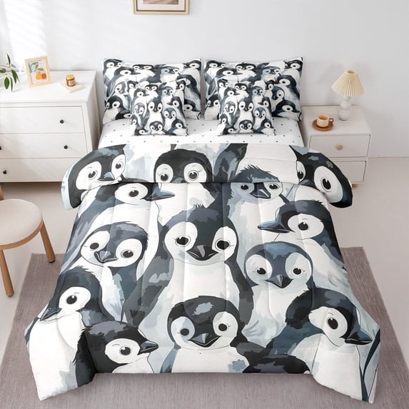 Manfei Kawaii Grey Penguin Twin Bedding Sets 7-Piece for Kid, Antarctic Wildlife Bedding Comforter Set, Cute Cartoon Animal Sheet Sets, Super Cozy Room Decor