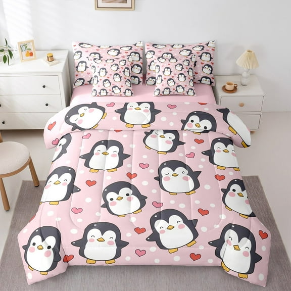 Manfei Kawaii Grey Penguin Twin Bedding Sets 7-Piece for Kid, Antarctic Wildlife Bedding Comforter Set, Girly Pink Cartoon Reversible Sheet Sets, Luxury Bedroom Decor