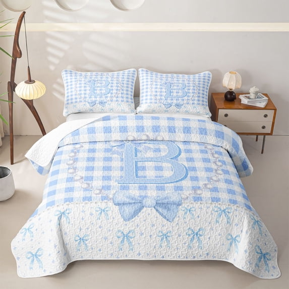 Manfei Kawaii Grid Alphabet B Bed Spread Queen, White Blue, 3 Pieces, 1 Quilt and 2 Pillowcases