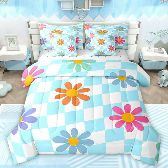 Manfei Kawaii Groovy Floral Bedding Comforter Set 7 Pieces for Teens, Dreamy Blue Cartoon Full Bedding Set, Spiral Plaid Buffalo Fitted Sheet Flat Sheet, Microfiber Bedroom Decor