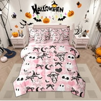 Manfei Kawaii Halloween Ghost 7-Piece Twin Bedding Sets,Black Bowtie Ribbon Bedding Comforter Set,Horror Skeleton Spider Webs Sheet Sets For Girls Boys,Super Cozy Room Decor Reversible
