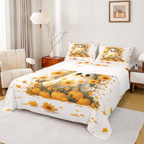 Manfei Kawaii Halloween Ghost Twin Sheet Sets,Autumn Harvest Pumpkin Twin Fitted Sheet,Yellow Rustic Sunflower Flat Sheet For Boys,Ultra Soft Home Decor,3 Pieces