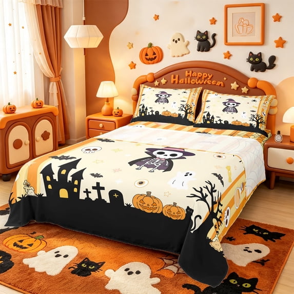 Manfei Kawaii Halloween Skull Queen Sheets,Spider Web Print Queen Sheet Sets,4-Piece,1 Flat Sheet,1 Fitted Sheet and 2 Pillowcases
