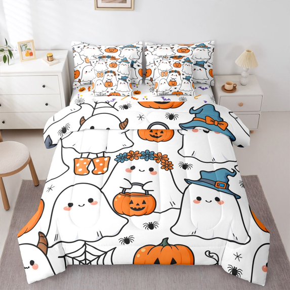 Manfei Kawaii Halloween Style Twin Bedding, Flower Ghost Pumpkin Bedding Comforter Set, Halloween Reversible, 7 Pieces