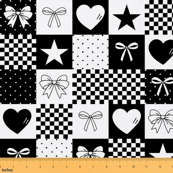 Manfei Kawaii Heart Bow Knot Fabric by the Yard 2 Yards, Cartoon Checkered Sewing Fabric, Black White